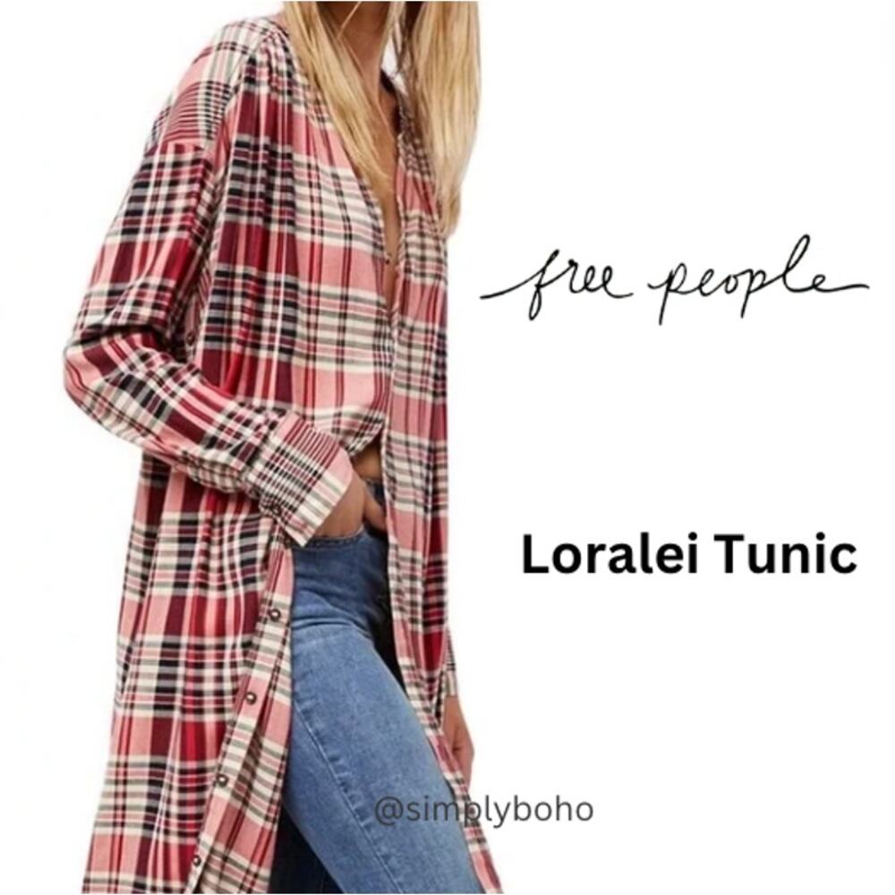Free People Loralei Tunic Oversized Red Plaid Button Down Long Shirt Women's